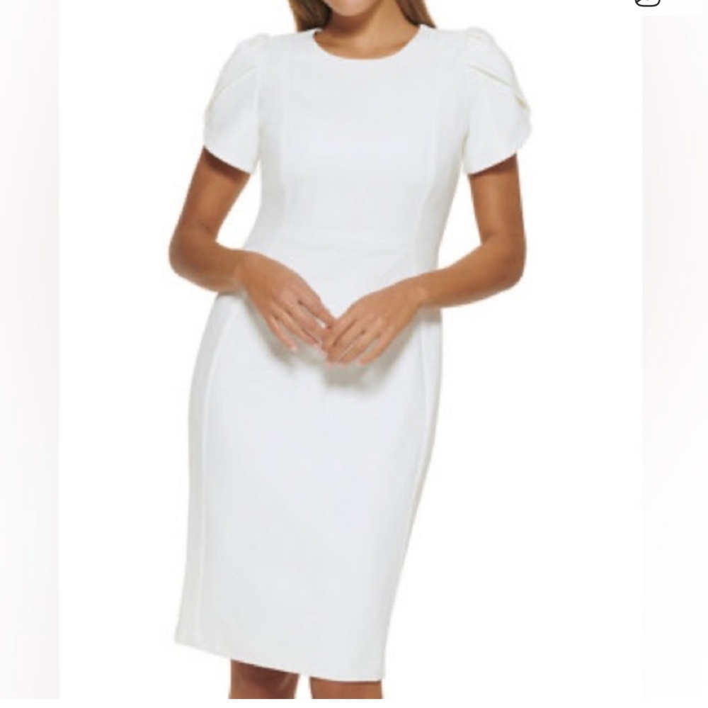 Calvin Klein Women's White Puff Shoulder Midi Dress